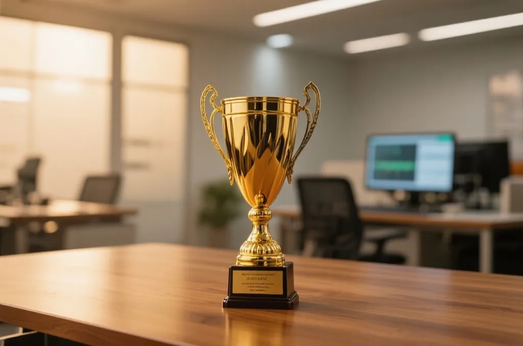 A sleek golden sports trophy cup standing on a polished wooden table in a sports study room