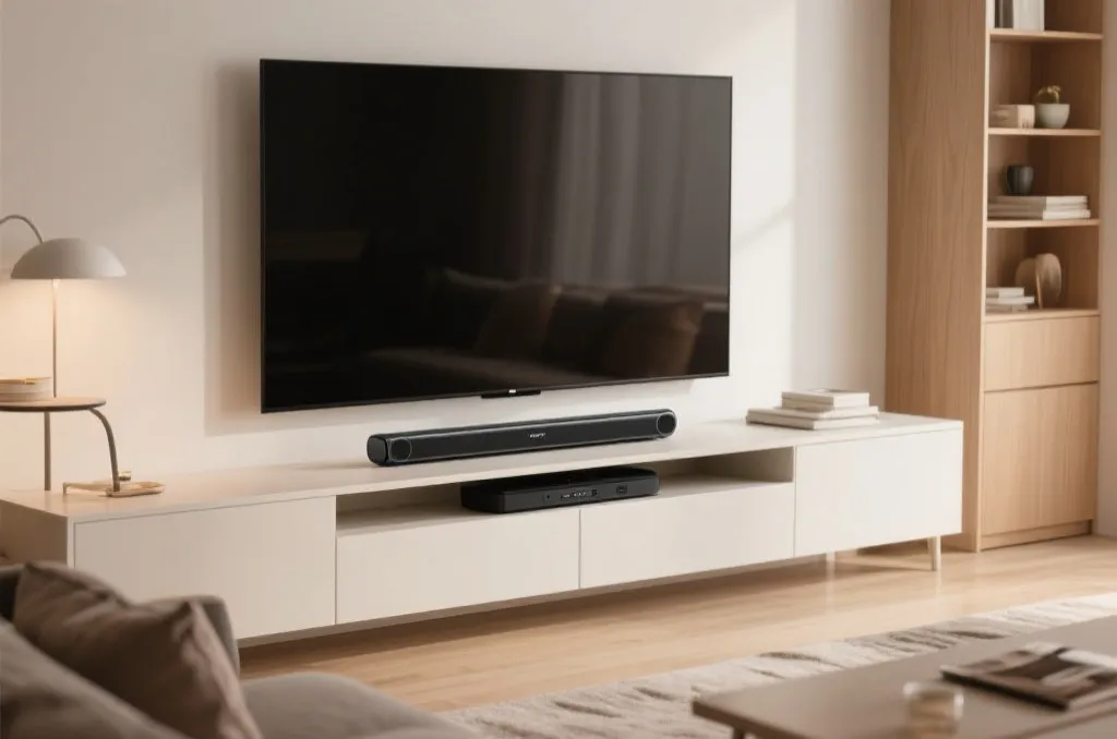 電視下方擺放著設計簡約的現代 Soundbar 聲霸音響,為客廳影音系統增添專業感