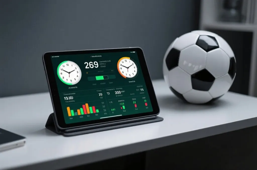 A sleek tablet screen displaying sports statistics and timezone clocks next to a soccer ball on a desk