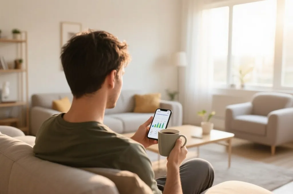 A person in a modern living room sitting on a couch, holding a mug and checking a smartphone displaying sports statistics graphs in the morning light.